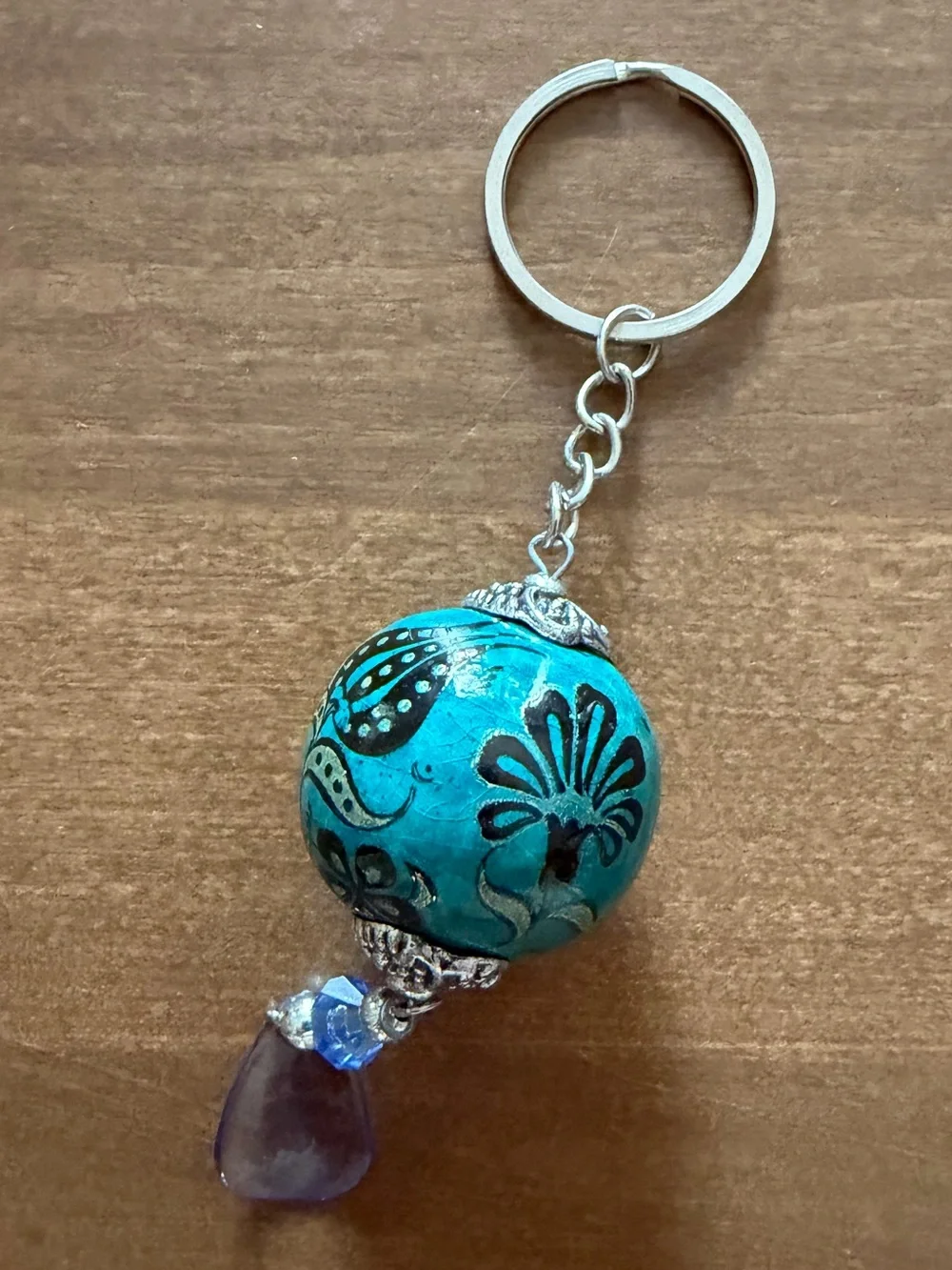 Turkish Design Turquoise Floral Ceramic Orb Keychain